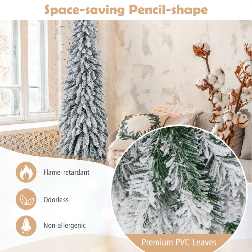 Topbuy 4/5/6FT Pre-lit Artificial Christmas Tree Snow-flocked Xmas Pencil Tree with 225/334/407 Branch Tips 100/150/250 LED Lights 2 Lighting Colors