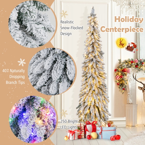 Topbuy 4/5/6FT Pre-lit Artificial Christmas Tree Snow-flocked Xmas Pencil Tree with 225/334/407 Branch Tips 100/150/250 LED Lights 2 Lighting Colors