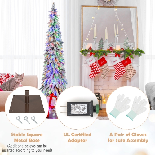 Topbuy 4/5/6FT Pre-lit Artificial Christmas Tree Snow-flocked Xmas Pencil Tree with 225/334/407 Branch Tips 100/150/250 LED Lights 2 Lighting Colors