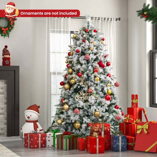 Topbuy 6/7 FT Pre-lit Artificial Christmas Tree Snow-flocked Xmas Tree with 250/300 Warm White LED Lights 752/1096 Mixed Branch Tips