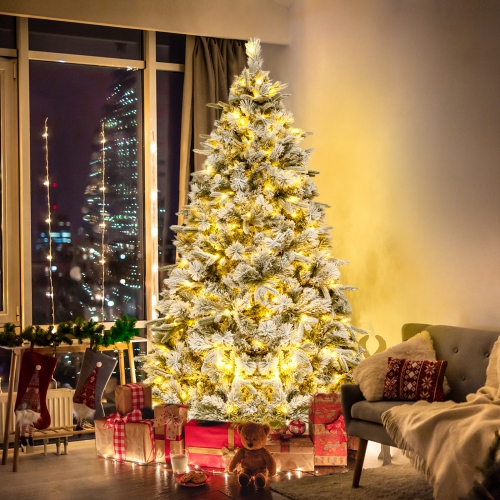 Topbuy 6/7 FT Pre-lit Artificial Christmas Tree Snow-flocked Xmas Tree with 250/300 Warm White LED Lights 752/1096 Mixed Branch Tips