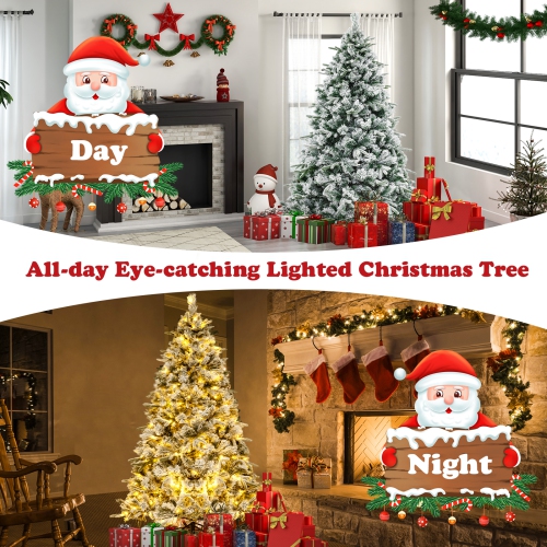 Topbuy 6/7 FT Pre-lit Artificial Christmas Tree Snow-flocked Xmas Tree with 250/300 Warm White LED Lights 752/1096 Mixed Branch Tips
