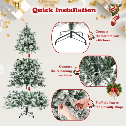 Topbuy 6/7 FT Pre-lit Artificial Christmas Tree Snow-flocked Xmas Tree with 250/300 Warm White LED Lights 752/1096 Mixed Branch Tips