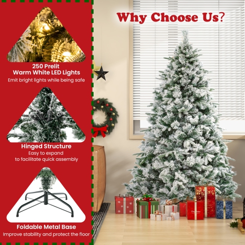 Topbuy 6/7 FT Pre-lit Artificial Christmas Tree Snow-flocked Xmas Tree with 250/300 Warm White LED Lights 752/1096 Mixed Branch Tips