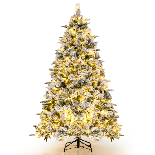 Topbuy 6/7 FT Pre-lit Artificial Christmas Tree Snow-flocked Xmas Tree with 250/300 Warm White LED Lights 752/1096 Mixed Branch Tips