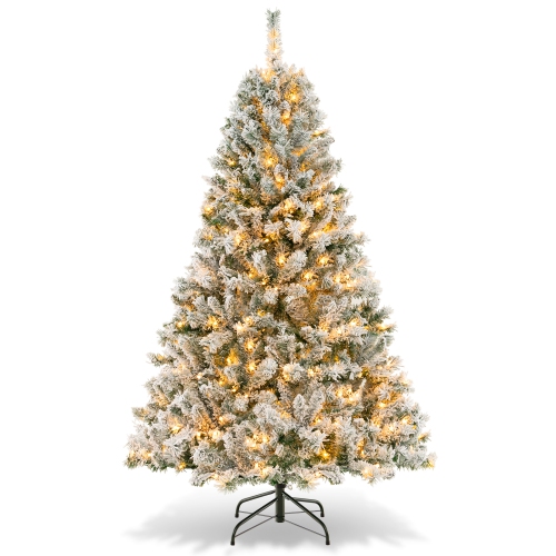 TOPBUY  6/7/8 Ft Pre-Lit Artificial Christmas Tree Hinged Snow-Flocked Xmas Tree With 644/956/1370 Branch Tips 300/450/600 Warm Led Lights In White
