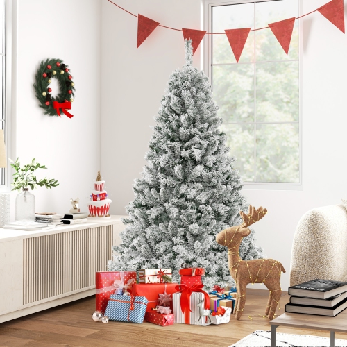 Topbuy 6/7/8 FT Pre-lit Artificial Christmas Tree Hinged Snow-flocked Xmas Tree with 644/956/1370 Branch Tips 300/450/600 Warm White LED Lights