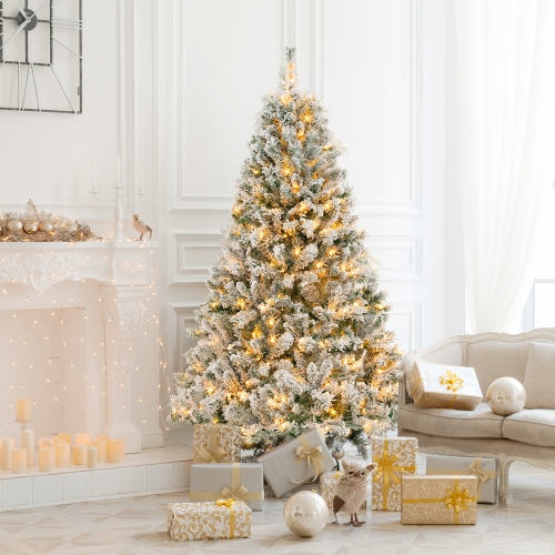 Topbuy 6/7/8 FT Pre-lit Artificial Christmas Tree Hinged Snow-flocked Xmas Tree with 644/956/1370 Branch Tips 300/450/600 Warm White LED Lights