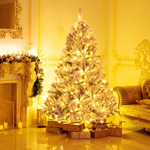 Topbuy 6/7/8 FT Pre-lit Artificial Christmas Tree Hinged Snow-flocked Xmas Tree with 644/956/1370 Branch Tips 300/450/600 Warm White LED Lights