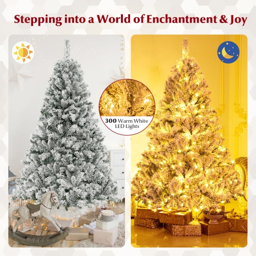 Topbuy 6/7/8 FT Pre-lit Artificial Christmas Tree Hinged Snow-flocked Xmas Tree with 644/956/1370 Branch Tips 300/450/600 Warm White LED Lights