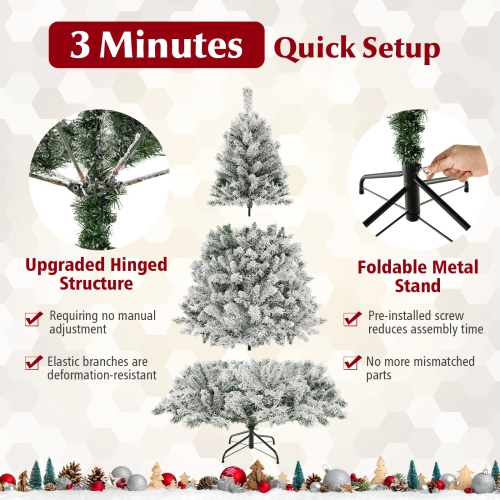 Topbuy 6/7/8 FT Pre-lit Artificial Christmas Tree Hinged Snow-flocked Xmas Tree with 644/956/1370 Branch Tips 300/450/600 Warm White LED Lights