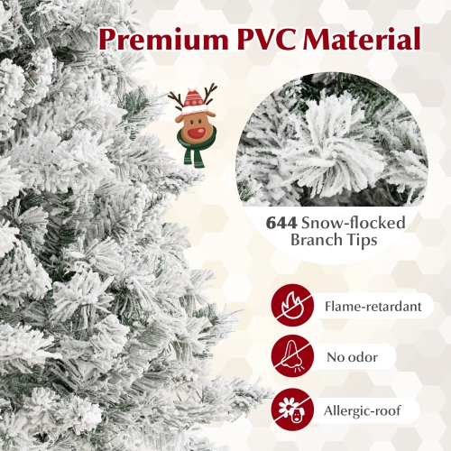Topbuy 6/7/8 FT Pre-lit Artificial Christmas Tree Hinged Snow-flocked Xmas Tree with 644/956/1370 Branch Tips 300/450/600 Warm White LED Lights