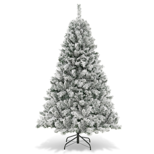 Topbuy 6/7/8 FT Pre-lit Artificial Christmas Tree Hinged Snow-flocked Xmas Tree with 644/956/1370 Branch Tips 300/450/600 Warm White LED Lights
