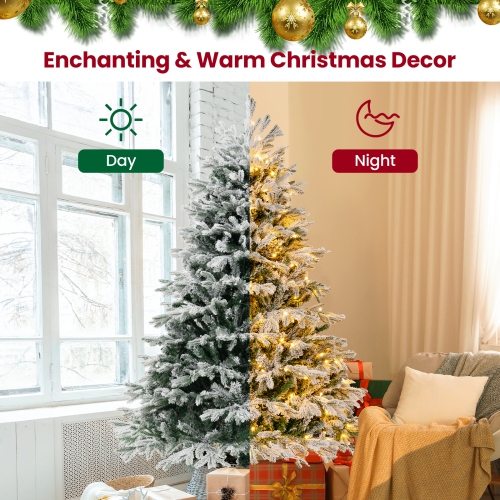 Topbuy 4.5/6/7 FT Pre-lit Artificial Christmas Tree Snow-flocked Xmas Tree with 200/350/450 Warm White LED Lights 688/1022/1328 Branch Tips