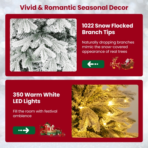 Topbuy 4.5/6/7 FT Pre-lit Artificial Christmas Tree Snow-flocked Xmas Tree with 200/350/450 Warm White LED Lights 688/1022/1328 Branch Tips