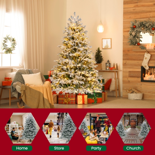 Topbuy 4.5/6/7 FT Pre-lit Artificial Christmas Tree Snow-flocked Xmas Tree with 200/350/450 Warm White LED Lights 688/1022/1328 Branch Tips