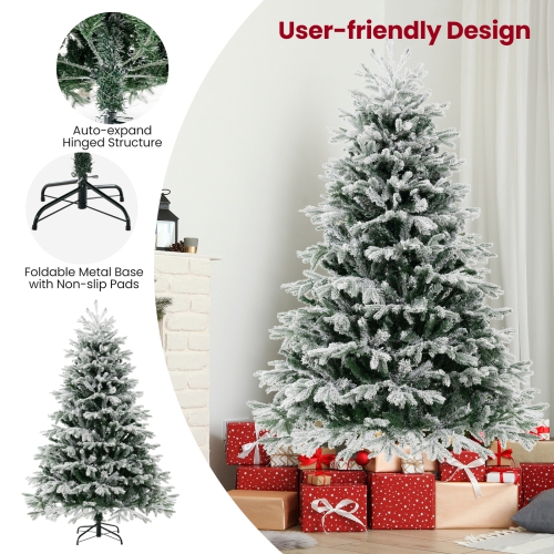 Topbuy 4.5/6/7 FT Pre-lit Artificial Christmas Tree Snow-flocked Xmas Tree with 200/350/450 Warm White LED Lights 688/1022/1328 Branch Tips