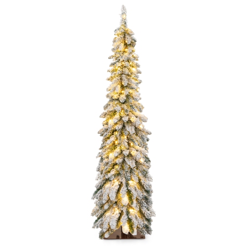 TOPBUY  4/5/6Ft Pre-Lit Artificial Christmas Tree Snow-Flocked Xmas Pencil Tree With 225/334/407 Branch Tips 100/150/250 Led Lights 2 Lighting Colors