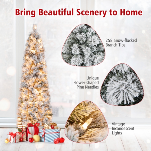 Topbuy 4,5/6/7FT Arbre de Noël artificiel illuminé à neige sapin de Noël avec 100/150/210 lumières blanches chaudes 258/373/466 pointes de branches