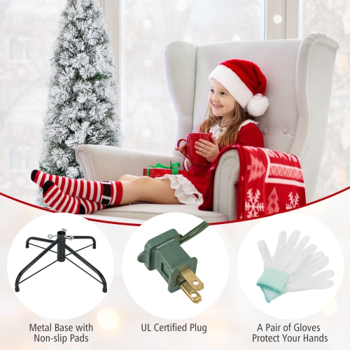 Topbuy 4,5/6/7FT Arbre de Noël artificiel illuminé à neige sapin de Noël avec 100/150/210 lumières blanches chaudes 258/373/466 pointes de branches