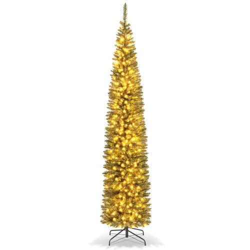 TOPBUY  5/6/7/8/9Ft Artificial Christmas Tree Pre-Lit Pencil Xmas Tree With 296/390/499/591/699 Branch Tips 150/180/200/300/400 Warm Led Lights