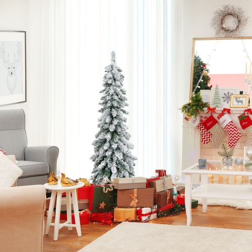 Topbuy 4/5/6FT Pre-lit Artificial Christmas Tree Snow-flocked Xmas Pencil Tree with 225/334/407 Branch Tips 100/150/250 LED Lights 2 Lighting Colors