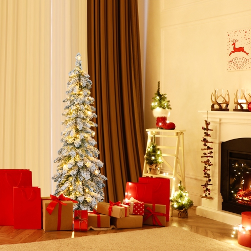 Topbuy 4/5/6FT Pre-lit Artificial Christmas Tree Snow-flocked Xmas Pencil Tree with 225/334/407 Branch Tips 100/150/250 LED Lights 2 Lighting Colors