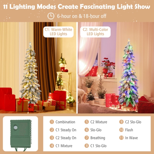 Topbuy 4/5/6FT Pre-lit Artificial Christmas Tree Snow-flocked Xmas Pencil Tree with 225/334/407 Branch Tips 100/150/250 LED Lights 2 Lighting Colors