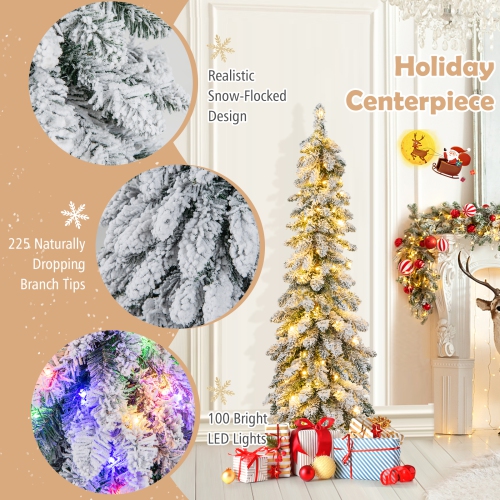 Topbuy 4/5/6FT Pre-lit Artificial Christmas Tree Snow-flocked Xmas Pencil Tree with 225/334/407 Branch Tips 100/150/250 LED Lights 2 Lighting Colors