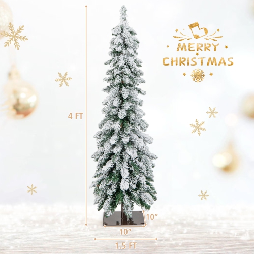 Topbuy 4/5/6FT Pre-lit Artificial Christmas Tree Snow-flocked Xmas Pencil Tree with 225/334/407 Branch Tips 100/150/250 LED Lights 2 Lighting Colors