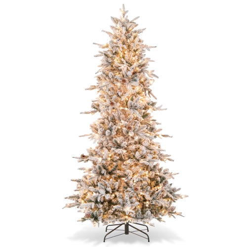 TOPBUY  6/7.5 Ft Pre-Lit Artificial Christmas Tree Snow-Flocked Hinged Xmas Tree With 210/350 Warm Lights 715/1107 Mixed Branch Tips In White