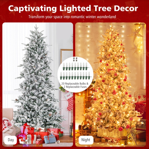 Topbuy 6/7.5 FT Pre-lit Artificial Christmas Tree Snow-flocked Hinged Xmas Tree with 210/350 Warm White Lights 715/1107 Mixed Branch Tips