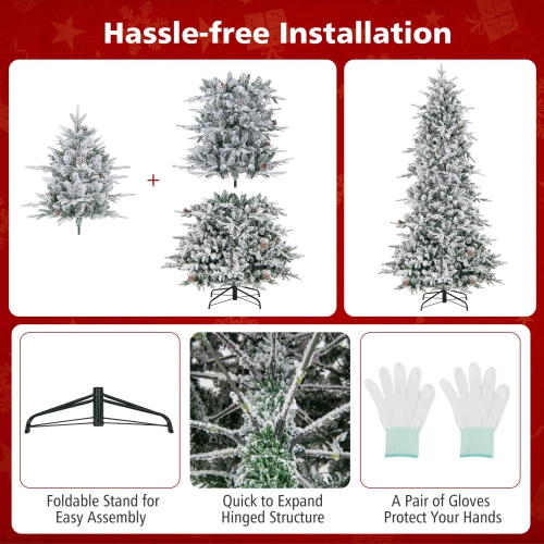 Topbuy 6/7.5 FT Pre-lit Artificial Christmas Tree Snow-flocked Hinged Xmas Tree with 210/350 Warm White Lights 715/1107 Mixed Branch Tips