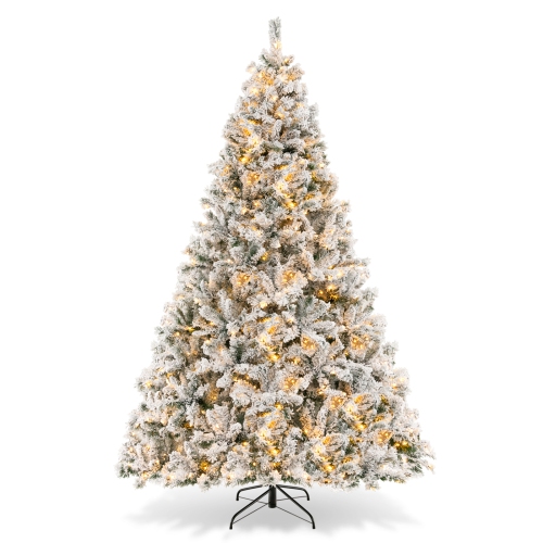 TOPBUY  6/7/8 Ft Pre-Lit Artificial Christmas Tree Hinged Snow-Flocked Xmas Tree With 644/956/1370 Branch Tips 300/450/600 Warm Led Lights In White