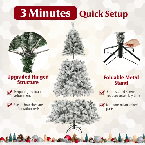 Topbuy 6/7/8 FT Pre-lit Artificial Christmas Tree Hinged Snow-flocked Xmas Tree with 644/956/1370 Branch Tips 300/450/600 Warm White LED Lights
