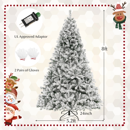Topbuy 6/7/8 FT Pre-lit Artificial Christmas Tree Hinged Snow-flocked Xmas Tree with 644/956/1370 Branch Tips 300/450/600 Warm White LED Lights