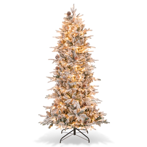 TOPBUY  6/7.5 Ft Pre-Lit Artificial Christmas Tree Snow-Flocked Hinged Xmas Tree With 210/350 Warm Lights 715/1107 Mixed Branch Tips In White