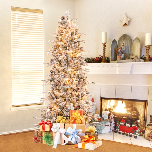 Topbuy 6/7.5 FT Pre-lit Artificial Christmas Tree Snow-flocked Hinged Xmas Tree with 210/350 Warm White Lights 715/1107 Mixed Branch Tips