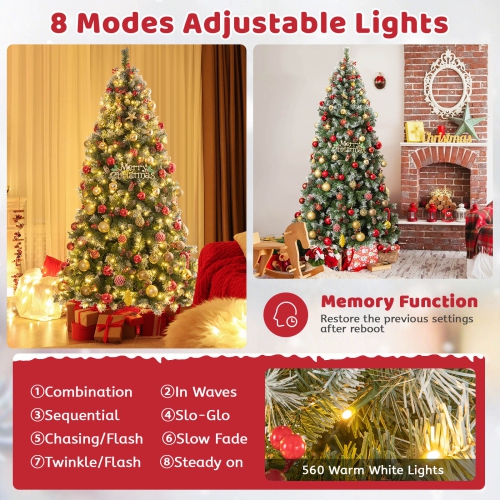 Topbuy 5ft/6.5ft/7.5ft/9ft Pre-lit Artificial Christmas Tree Pre-decorated Hinged Xmas Tree with 450/909/1368/1740 Branch Tips 200/420/560/650 LED