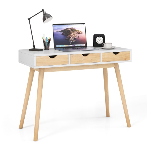 TOPBUY  Computer Desk With Storage 40" Wood Modern Writing Desk With 3 Drawers Rubber Wood Legs Computer Desk Study Desk