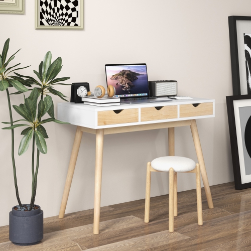 Topbuy Computer Desk with Storage 40" Wood Modern Writing Desk with 3 Drawers Rubber Wood Legs Computer Desk Study Desk