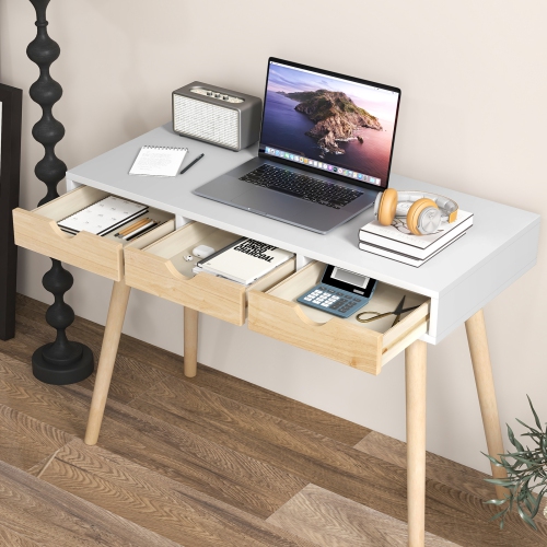 Topbuy Computer Desk with Storage 40" Wood Modern Writing Desk with 3 Drawers Rubber Wood Legs Computer Desk Study Desk