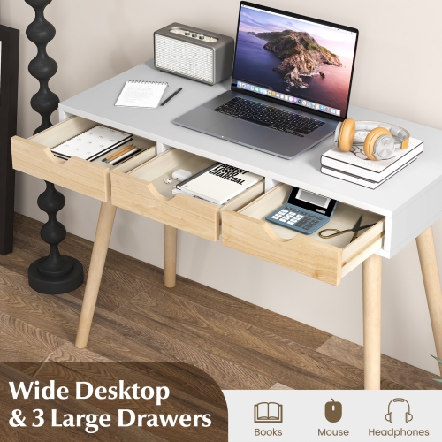 Topbuy Computer Desk with Storage 40" Wood Modern Writing Desk with 3 Drawers Rubber Wood Legs Computer Desk Study Desk