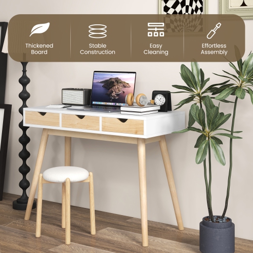 Topbuy Computer Desk with Storage 40" Wood Modern Writing Desk with 3 Drawers Rubber Wood Legs Computer Desk Study Desk