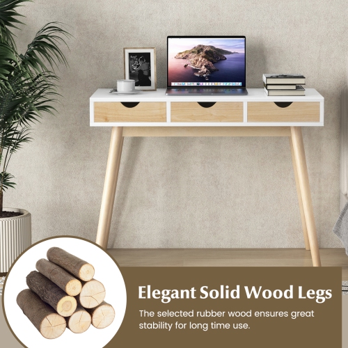 Topbuy Computer Desk with Storage 40" Wood Modern Writing Desk with 3 Drawers Rubber Wood Legs Computer Desk Study Desk
