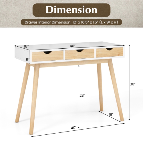 Topbuy Computer Desk with Storage 40" Wood Modern Writing Desk with 3 Drawers Rubber Wood Legs Computer Desk Study Desk