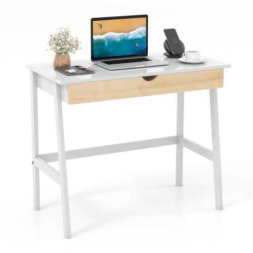 TOPBUY  Computer Desk With Storage Wood Modern Writing Desk Large Drawer & Rubber Wood Legs Study Desk for Small Space In White