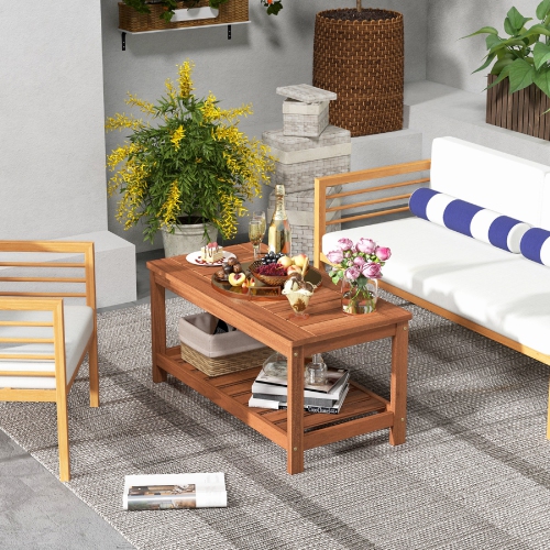 Topbuy Patio Hardwood Coffee Table 2-Tier Wooden Coffee Table with Slatted Tabletop & Storage Shelf Outdoor Rectangular Cocktail Table
