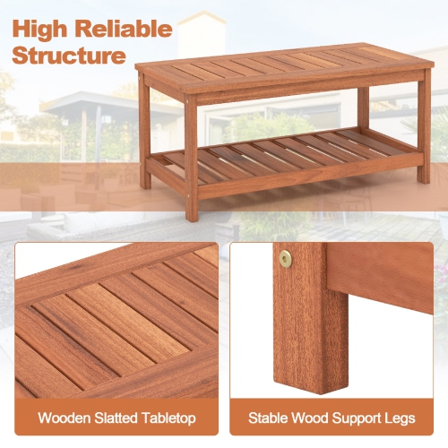 Topbuy Patio Hardwood Coffee Table 2-Tier Wooden Coffee Table with Slatted Tabletop & Storage Shelf Outdoor Rectangular Cocktail Table