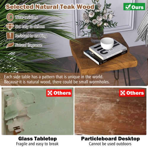 Topbuy 1PC/2PCS 16" × 16" Solid Teak Wood Side Table Indoor Outdoor Square Side Table w/ Metal Legs Solid Wood Patio Table Home End Table